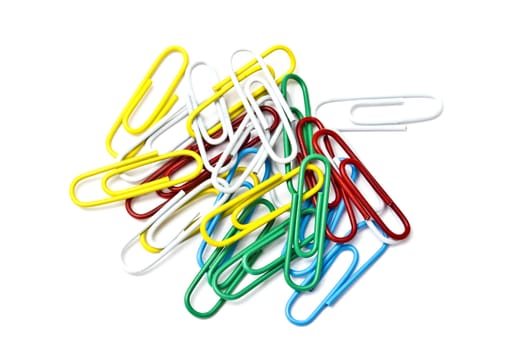Group of colorful paperclips closeup on white background