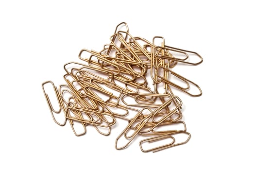 Group of paperclips closeup on white background