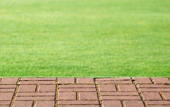 flat green lawn and block paved step abstract