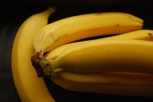 a hand of yellow bananas isolated on a black background
