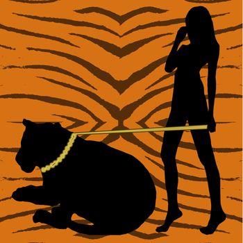 A woman and tiger in silhouette on a tiger pattern background.