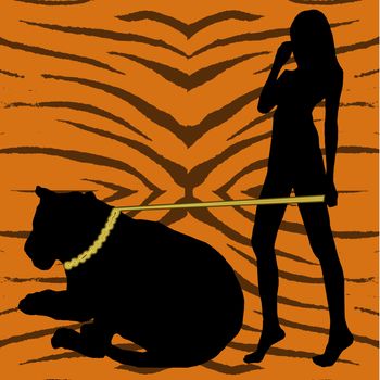 A woman and tiger in silhouette on a tiger pattern background.