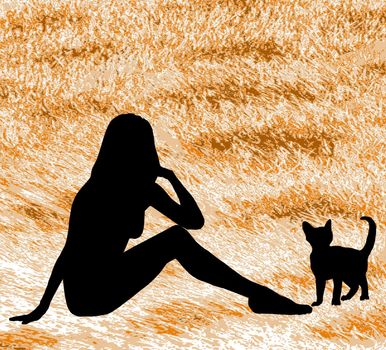 A silhouette woman and cat against a cat fur background.