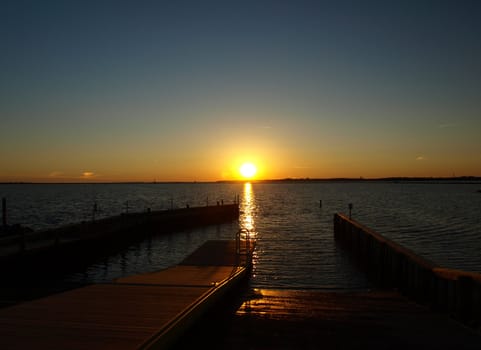 A dock at sunset along the North Carolina Coast