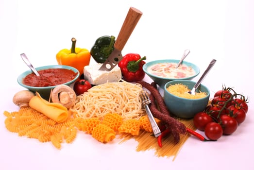 Italian pasta and the ingredients to make a meal