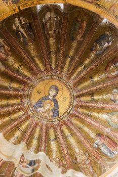 Interior view of Chora church in Istanbul. Mosaic of the Virgin Mother with child.