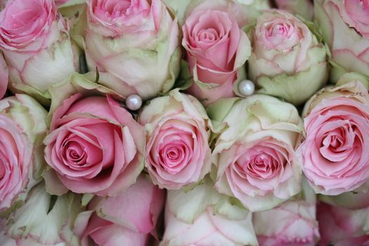 Pearls and pink/white roses in a bridal bouquet