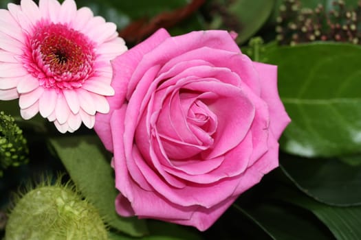 A pink rose and gerbera in a floral arrangement