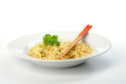 Bowl of oriental rice noodles with chopsticks.