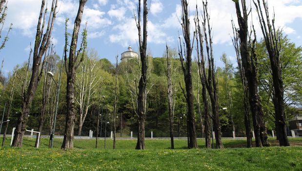 Monte dei Cappuccini church seen from a riverside park in Turin