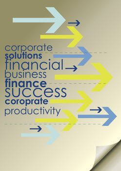 A portrait format business styled background representing the cover of a financial report, with the corner of the cover turned up to the bottom right. Text based with arrows.