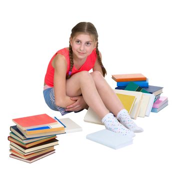Girl and books on the white background