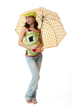 The girl in blue jeans with an umbrella