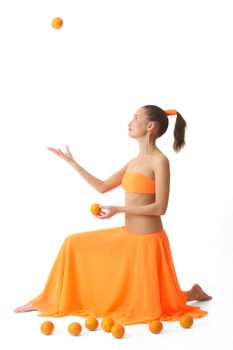 The girl in an orange dress with oranges