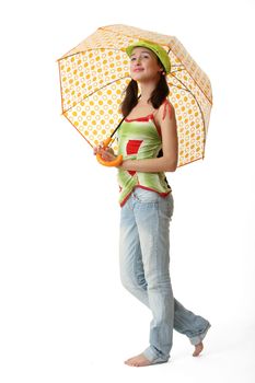 The girl in blue jeans with an umbrella