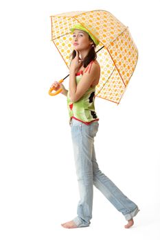 The girl in blue jeans with an umbrella