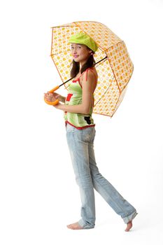 The girl in blue jeans with an umbrella