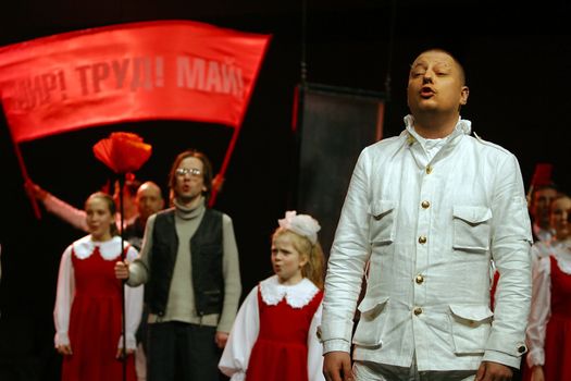 RUSSIA, MOSCOW, APRIL 26: Russian actors - children and actor Victor Burko in Premiere of performance "Chernobyl pray" in Moscow 26 April, 2006