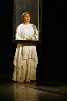 RUSSIA, MOSCOW, APRIL 26: Russian actress Anna Galinova in Premiere of
performance "Chernobyl pray", under Svetlana Aleksievich's book, Director Joel Lehtonen in Moscow 26 April, 2006