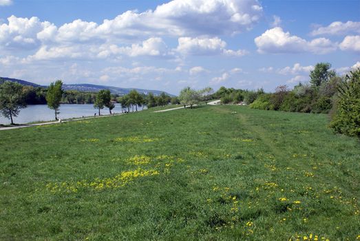 View of the famous Danube Island (Donauinsel) in Vienna.