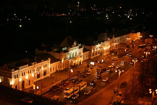 The image of evening roads from above and Riga station in Moscow