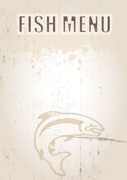 A portrait format image of a menu cover or menu board with text spelling spelling fish menu Set on a grunge styled background. Ideal use for a restaurant, cafe or bistro.