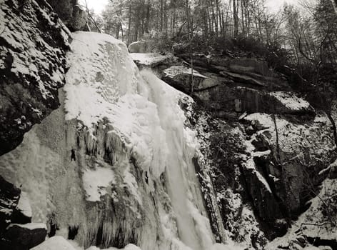 View along the Jacobs Fork River at South Mountain State Park after a snow fall