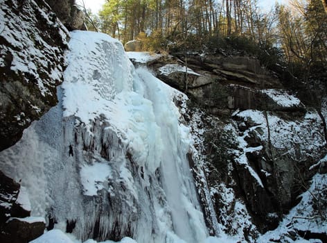 View along the Jacobs Fork River at South Mountain State Park after a snow fall