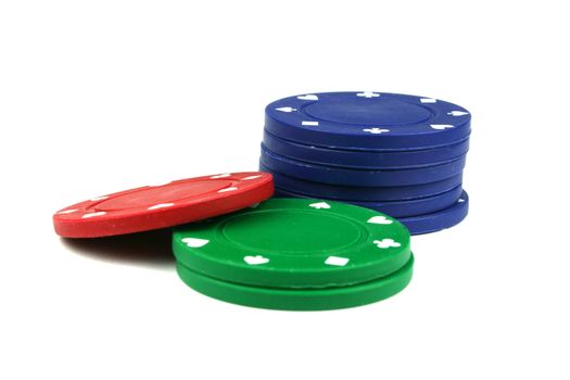 stacks of poker chips isolated overwhite