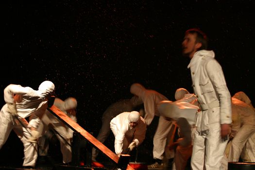 RUSSIA, MOSCOW, APRIL 26: Russian actors in premiere of
performance "Chernobyl pray", under Svetlana Aleksievich's book, Director Joel Lehtonen in Moscow 26 April, 2006