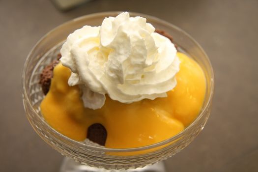 A creamy dutch eggnog advocaat desert with cream, liquour and chocolate mousse