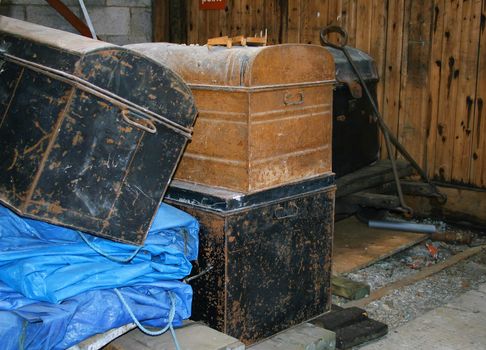 old metal travelling trunks used in restoration of railway museums etc