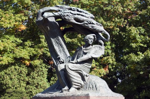 Monument, Frederic Chopin seeking inspiration under a willow tree in Warsaw, Poland.