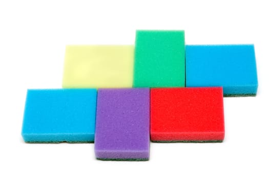 Colour sponges for dishwashing on white background