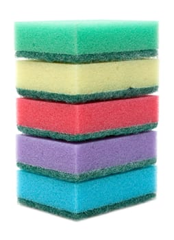 Colour sponges for dishwashing tower on white background