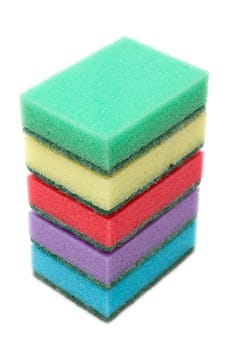 Colour sponges for dishwashing, tower on white background