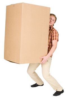 Young man bears the big heavy cardboard box on a back