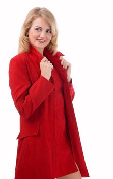 The young woman in a red coat, isolated on white background