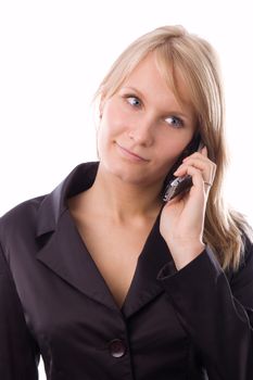 The beautiful blonde in a business suit with phone.