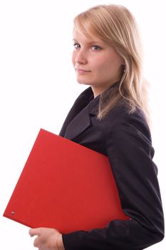 The girl in a business suit with a red folder in hands on a white background.