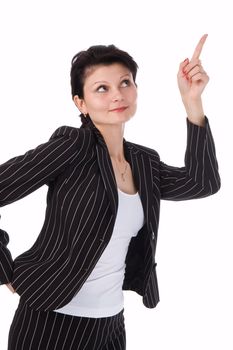The girl in a business suit shows on something above