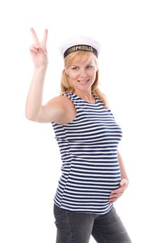 The pregnant woman in a stripped vest shows the letter V