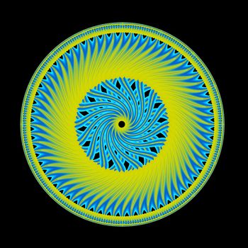 A circular fractal done in shades of green and blue floating on a black background.
