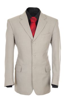 Empty light office jacket for manager. Also black shirt and red necktie. Isolated over white