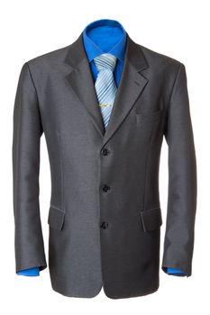 Empty grey office wearing for manager. Also blue shirt, necktie and golden clip. Isolated over white