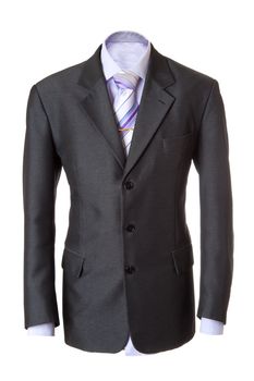 Empty grey office suit. Also lilac shirt, necktie and golden clip. Isolated over white