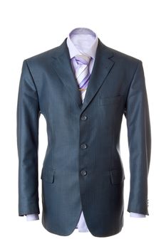 Empty blue office suit. Also lilac shirt, necktie and golden clip. Isolated over white