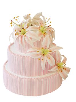 Three Tiered Iced Cake with Icing Orchid Decoration isolated with clipping path