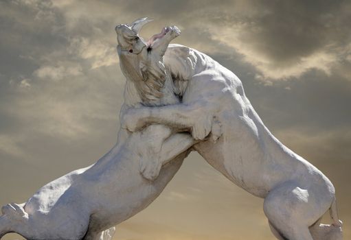 Statue of fighting lions with golden sky