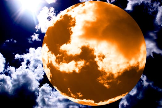 orange planet with blue sky and sun in the background